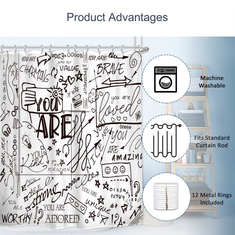 AMBZEK Teen Shower Curtain for Kids Funny Quotes 60Wx72L Inch Boys Girls Black White Shower Curtain Set for Bathroom Inspirational You are Neutral Abstract Accessories Fabric Bath Decor 12 Pack Hooks - Image 3